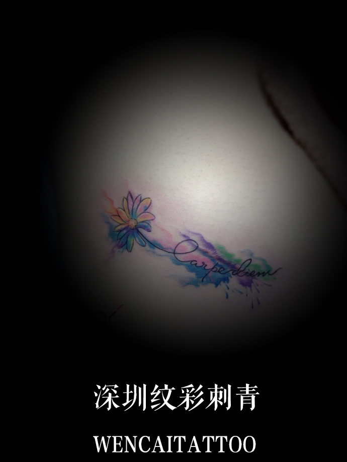 性感妩媚的苏小姐后背彩墨小花加英文纹身