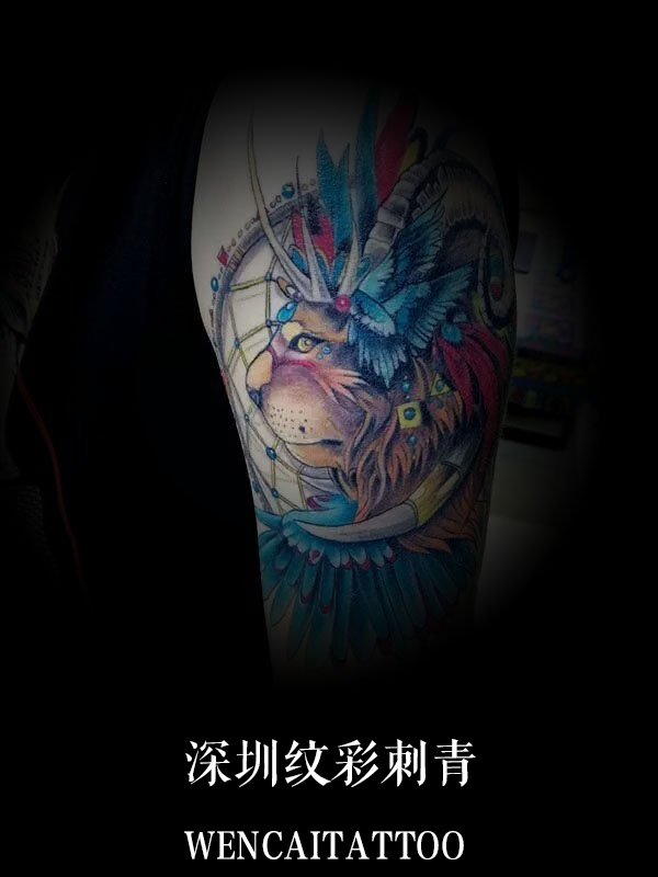 连先生大腿印第安狮子纹身图案